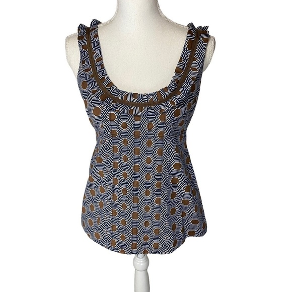 Tory Burch Navy Brown Geometric Print Pleated Tank Blouse 4 - Picture 1 of 12